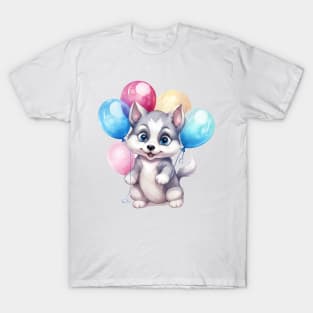 Siberian Husky Dog Holding Balloons T-Shirt